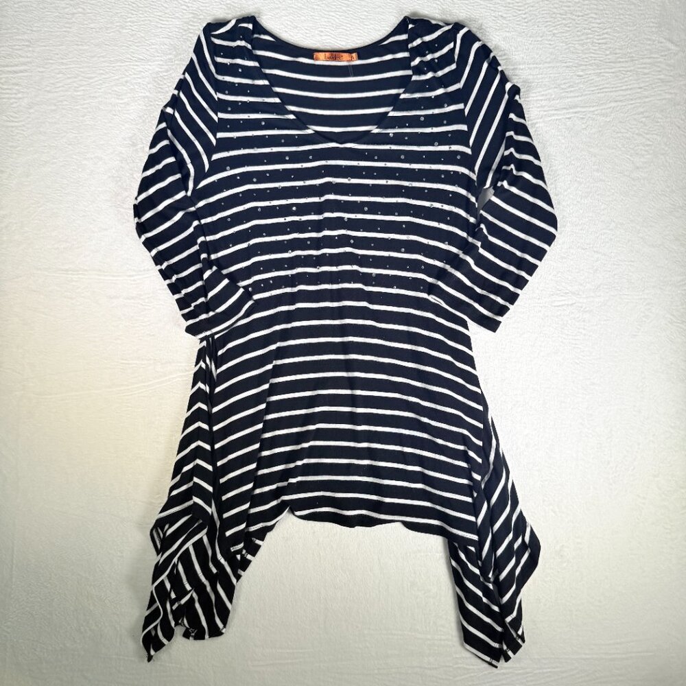 Belldini Womens Knit Top Size White & Black Silver Grommet V Neck Relaxed Size L